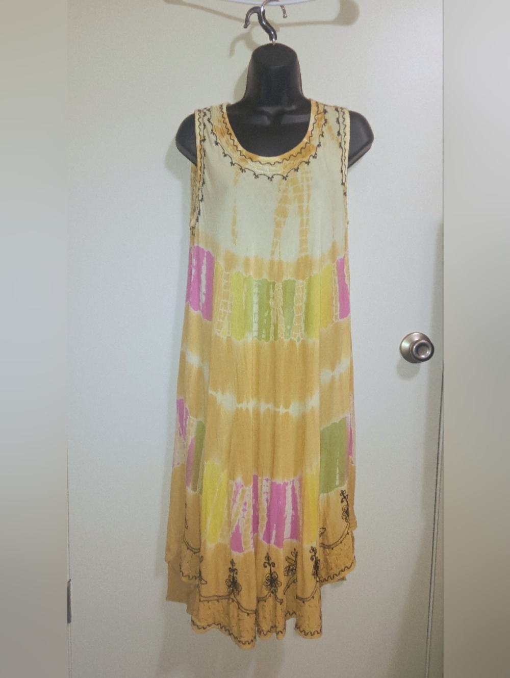 Boho Tie-Dye Midi Dress in Mustard with Pink & Green